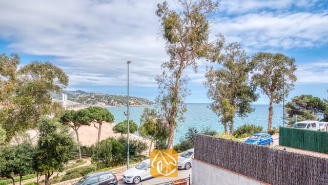 Vista desde Casa Costa en la que se pueden apreciar altos árboles, una playa de arena y el mar azul bajo un cielo parcialmente nublado.