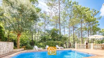 Piscina privada en la Villa Esmee con tumbonas blancas en el patio enlosado, rodeada de altos pinos y una barbacoa de piedra.