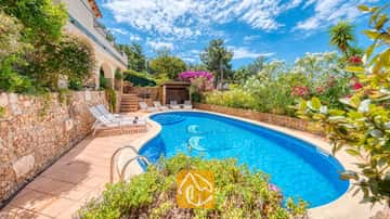 Piscina privada con suelo de azulejos de mosaico de delfines en Villa Cleo, rodeada de tumbonas blancas, paredes de piedra y arbustos en flor.
