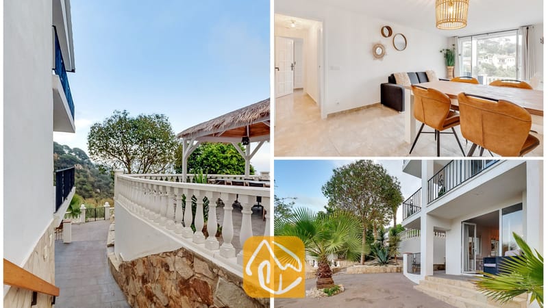 Collage de Villa Tropicana que muestra un cenizo de paja en una terraza exterior, un comedor y sala de estar con muebles de madera, y un jardín pavimentado con palmeras y un exterior blanco de varios niveles.