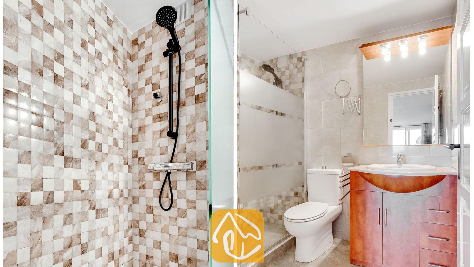 Mod cuarto de baño moderno cuenta con una ducha a ras de suelo con grifería negra, azulejos de mosaico en tonos neutros, un inodoro blanco y un mueble de madera con lavabo integrado y espejo.