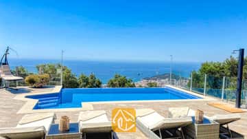 Piscina privada y terraza de losetas en Villa VistaMar, equipada con tumbonas blancas y barandillas de cristal, que ofrece una vista lejana a la costa bajo un cielo azul despejado.